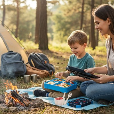 lunch box enfant garçon avec sa mère en camping
