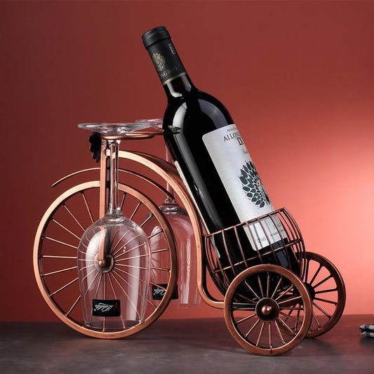 porte bouteille vin tricycle avec support bouteille et deux verres de vin